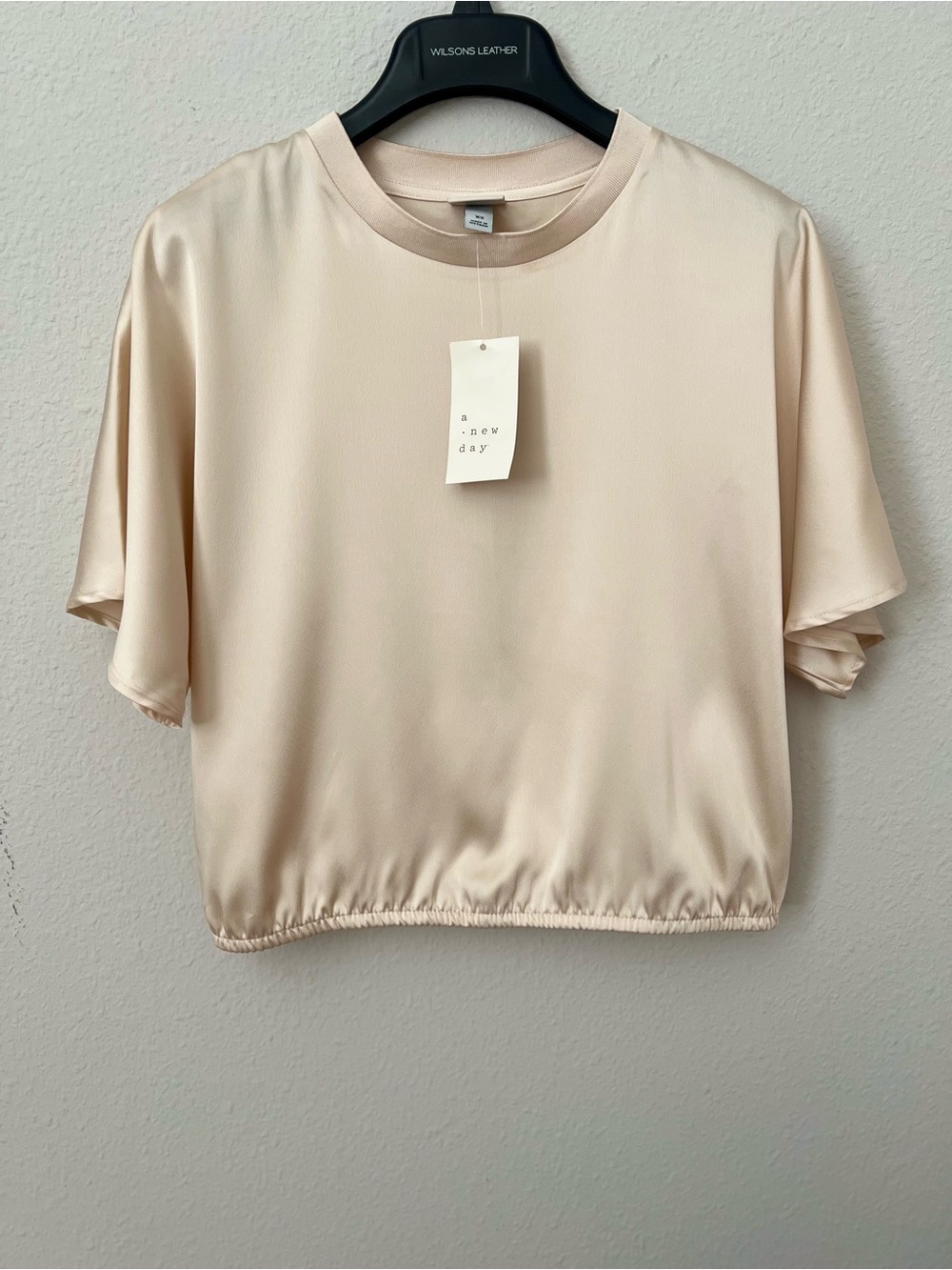 NWT A New Day Short Sleeve Satin Beige Blouse Top Size XS